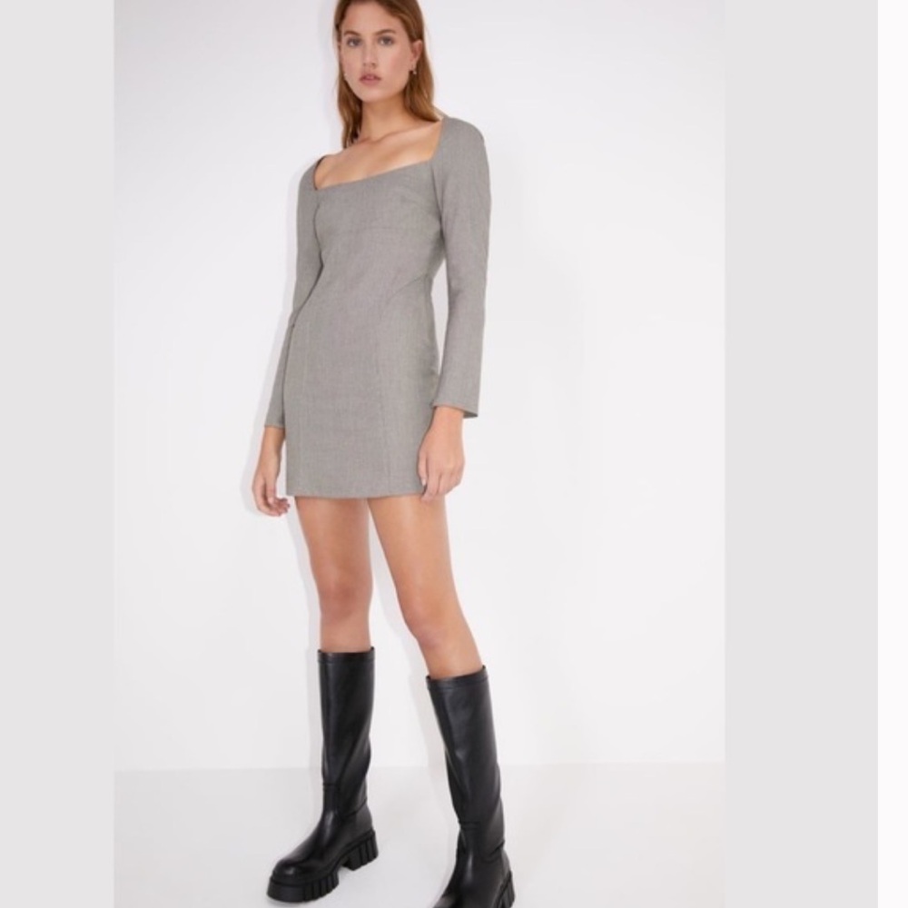 ZARA Long Sleeve Plaid Square Neckline Mini Dress